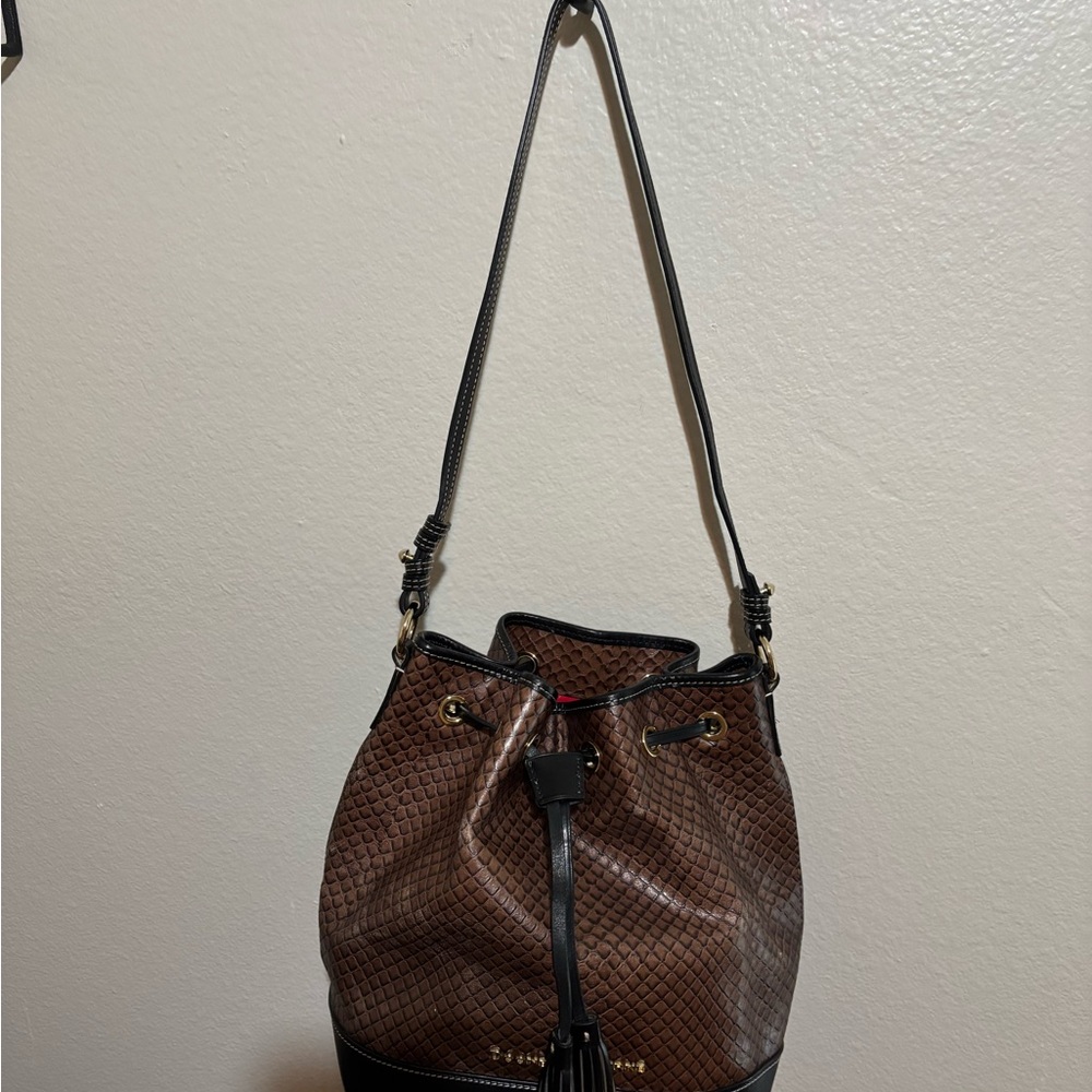 Dooney & Bourke Brown Woven Bucket Bag with Black Trim